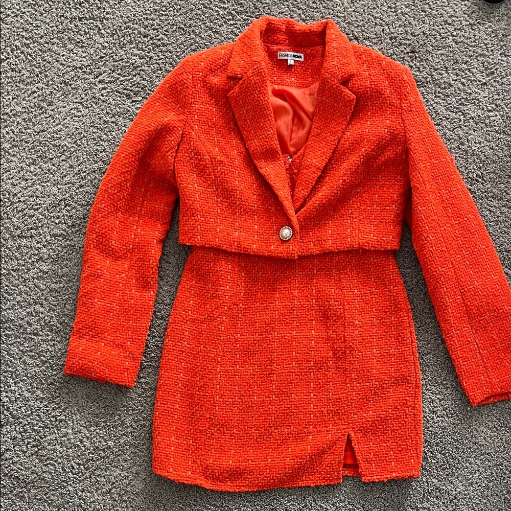 Fashion Nova Orange Tweed Cropped Blazer & Skirt Set